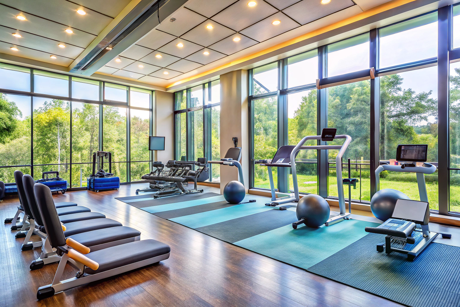 Widok na przestronną salę gimnastyczną z różnorodnym sprzętem fitness, takim jak bieżnie, hantle i maty, w jasnym, naturalnym świetle wpadającym przez duże okna, czyste i uporządkowane otoczenie zachęcające do treningu